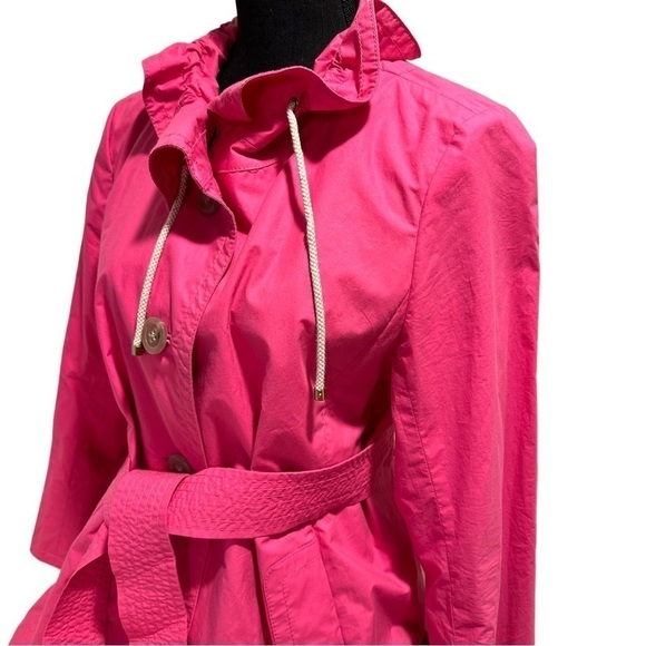 J. Crew Trench Coat Hot Pink Lightweight Lined Belted Ruffled Collar L EUC - Picture 4 of 16